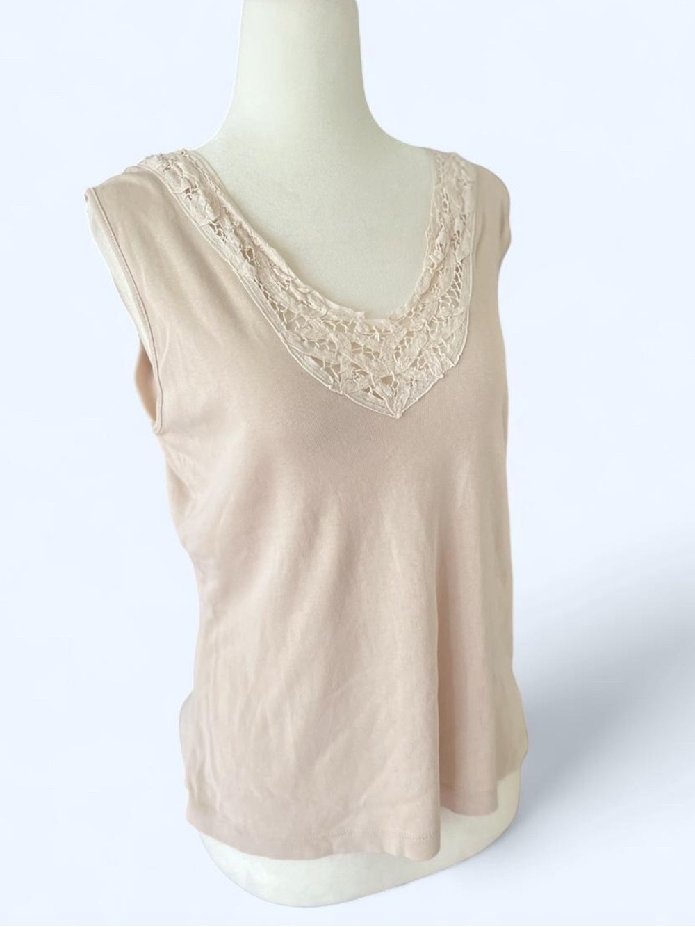 Cotton Ginny Cream Lace Trim V-Neck Tank Top Large Boho